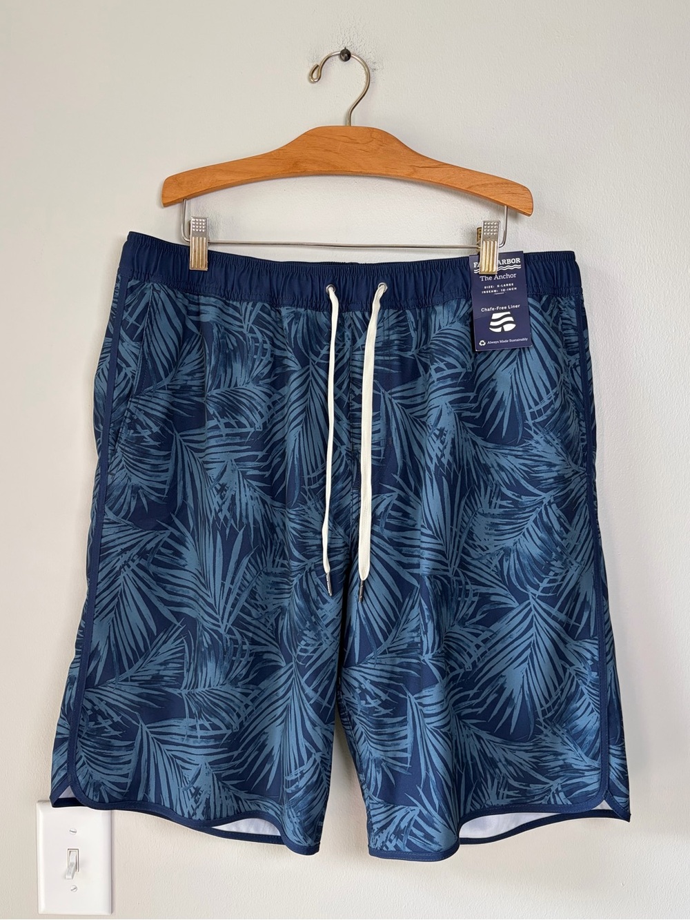 Fair Harbor Men’s Navy Palm Patterned Anchor Trunks with 10” Inseam